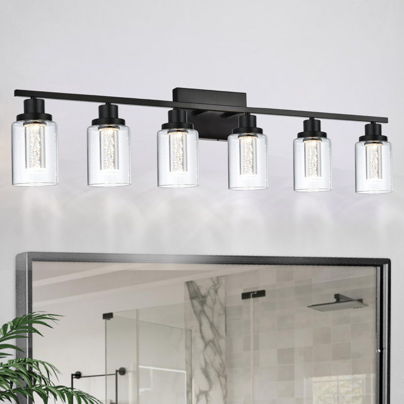 6-Light Black Bathroom Light Fixtures, Built-In LED Bulbs Included, Dimmable Vanity Light With Clear Glass Shade, Crystal LED Bathroom Lights Over Mirror For Bedroom, Living Room, Hallway, Farmhouse. Integrated LED Bulbs Included.