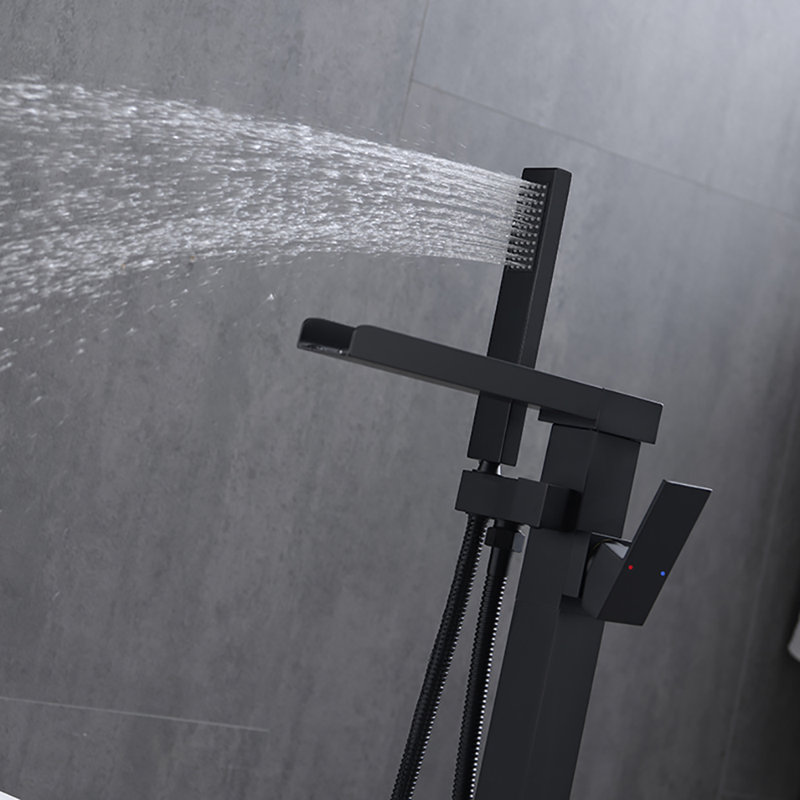 Robinet de baignoire autoportant monocommande à fixation au sol avec douche à main, Noir mat