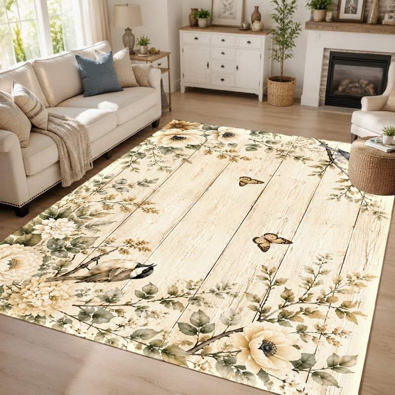 Tapis vintage à motif floral, oiseaux et papillons (1 pièce) pour la décoration intérieure, L 70,9 po x L 98,4 po x 1 pièce