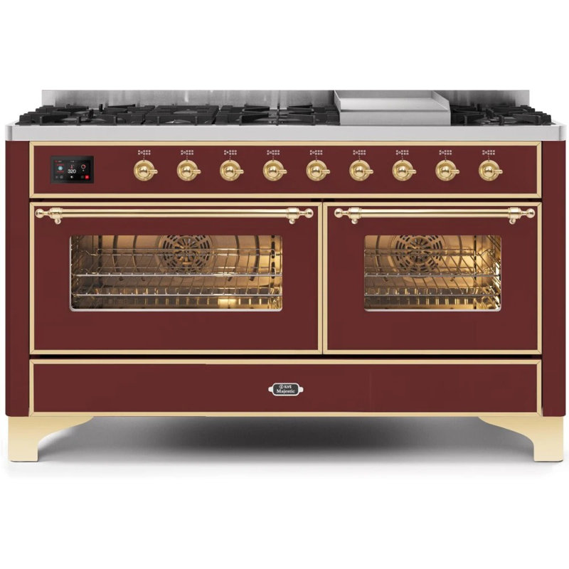 ILVE UM15FDNS3BGG Majestic II 60 inch Dual Fuel Range with 9 Burners, Griddle (Natural Gas, Triple Glass Door, Blue Grey, Brass)