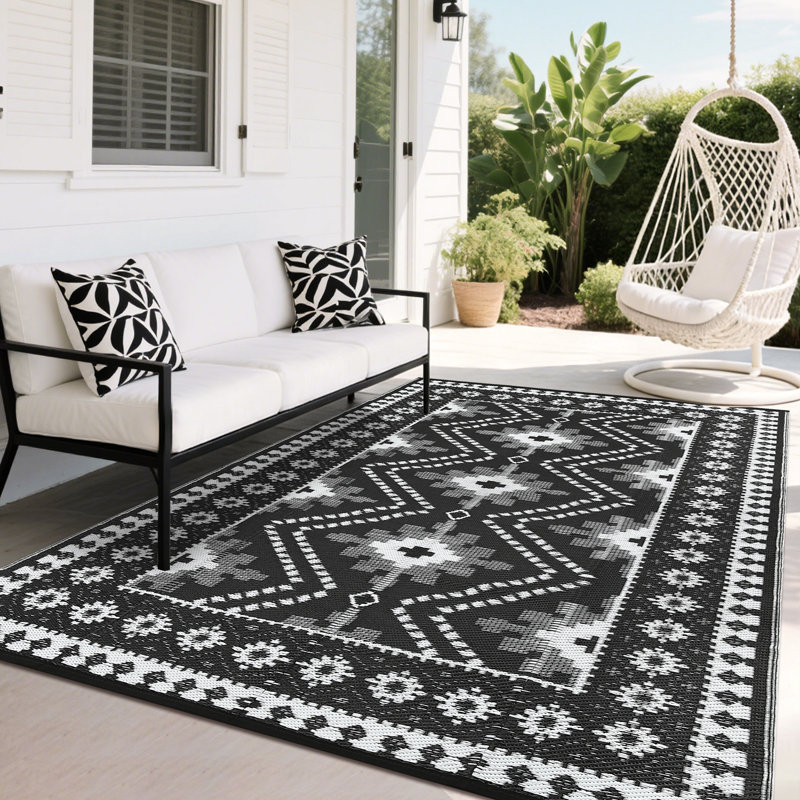 Waterproof Reversible Outdoor Rug Vintage Diamond Design Plastic Straw Mat Durable Easy Clean Carpet for Patio, Deck, Balcony, RV, Camping, Picnic