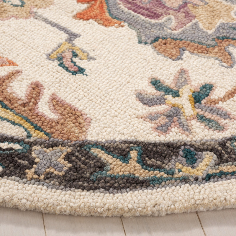Tapis floral beige / lavande touffeté en laine / coton Darricka, Rond 6 pi