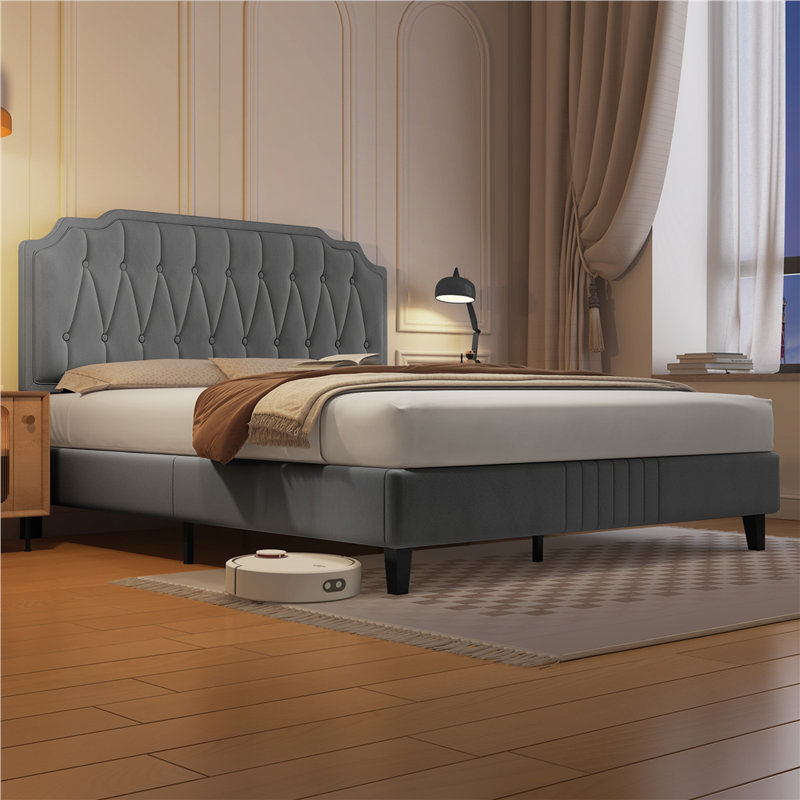Upholstered Bed Frame with with Diamond Button-Tufted Headboard, Double (4'6), Light Grey