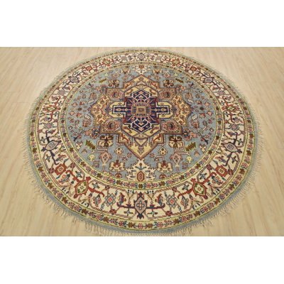 Tapis oriental en laine bleu noué à la main 7 pi 9 po x 7 pi Heriz Heriz