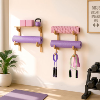 Wooden Yoga Mat Holder Wall Mount with Floating Shelves Foam Roller Storage