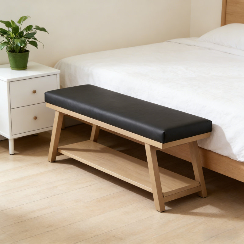 Banc de rangement en cuir Premium, Bois jaune clair / noir