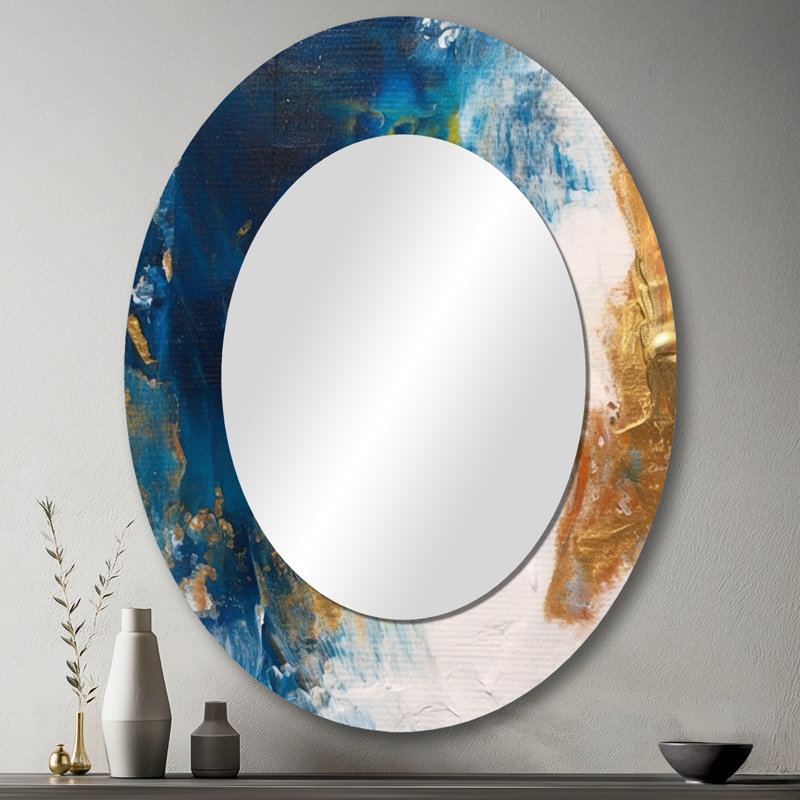 Ethereal Knowing - Bleu royal et or II - Miroir décoratif ovale abstrait sur métal, 43 po x 33 po