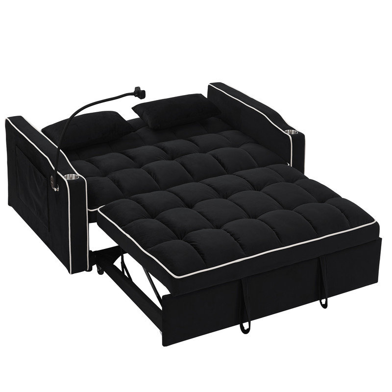 55.51 inch versatile foldable sofa bed in 3 lengths, modern sofa sofa sofa velvet pull-out bed, adjustable back and with USB port and ashtray and swivel phone stand (Grey)
