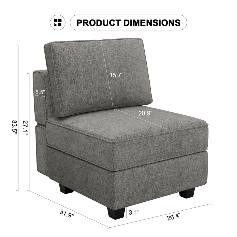 Fauteuil rembourré de 26,4 po de largeur avec dossier rembourré Nakash, Microfibre gris clair