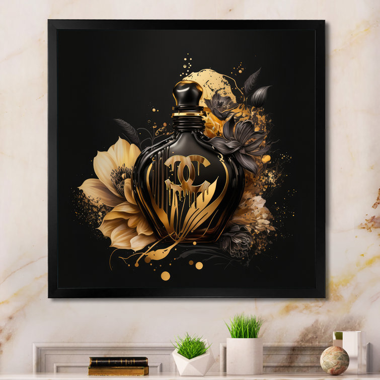 Designart Chic Black and Gold Perfume Bottle VII Fashion Framed Art Print - 16 in. Wide x 16 in. High