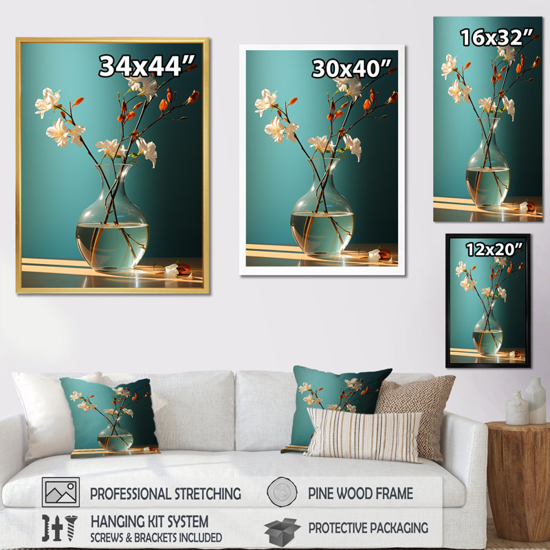 "Turquoise Flower Vase Tranquility I", reproduction d'art sur toile, Cadre simple argenté, H 32 po x l 24 po x P 1 po