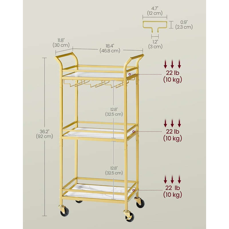 Bar Cart, Home Bar Serving Cart, Small Bar Cart with 3-Tier Shelf