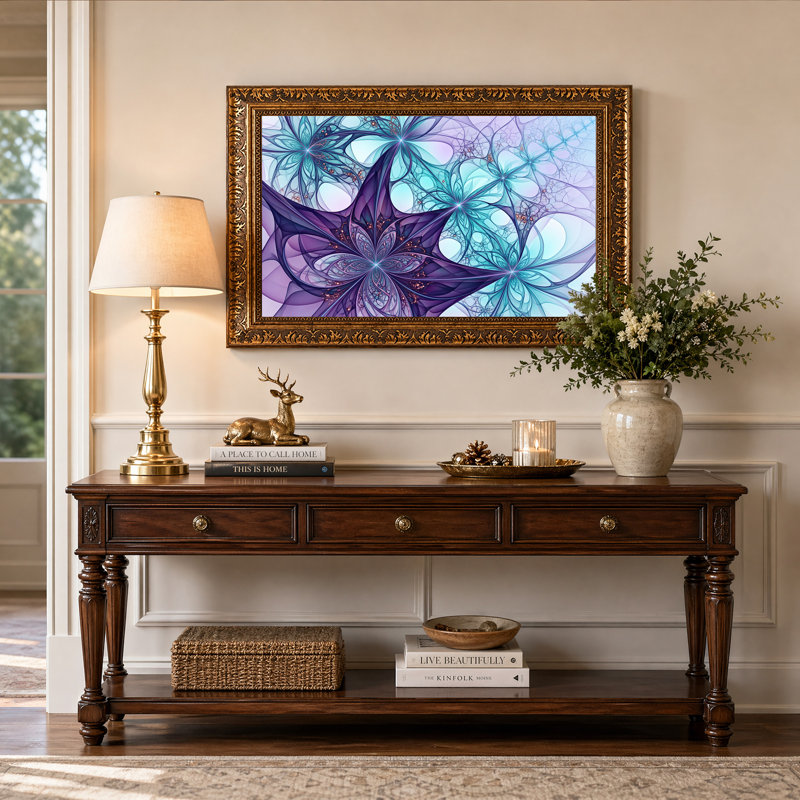 Purple and Teal Glowing Fractal Floral Patterns Canvas Wall Art, 16"H x 24"W