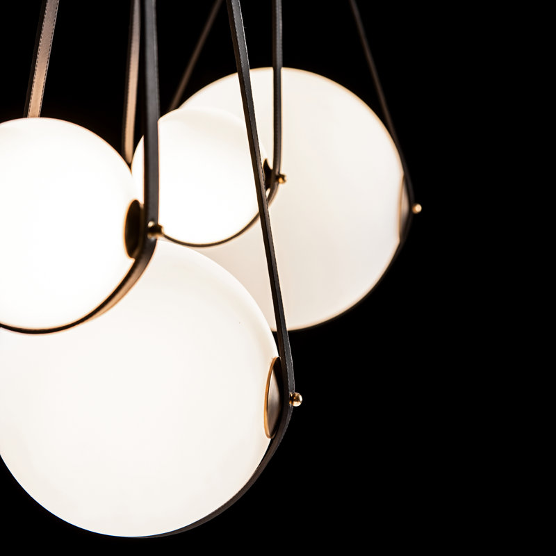 Derby 4 - Light Kitchen Island Linear LED Pendant, Black Wood, Antique Brass, Black Leather