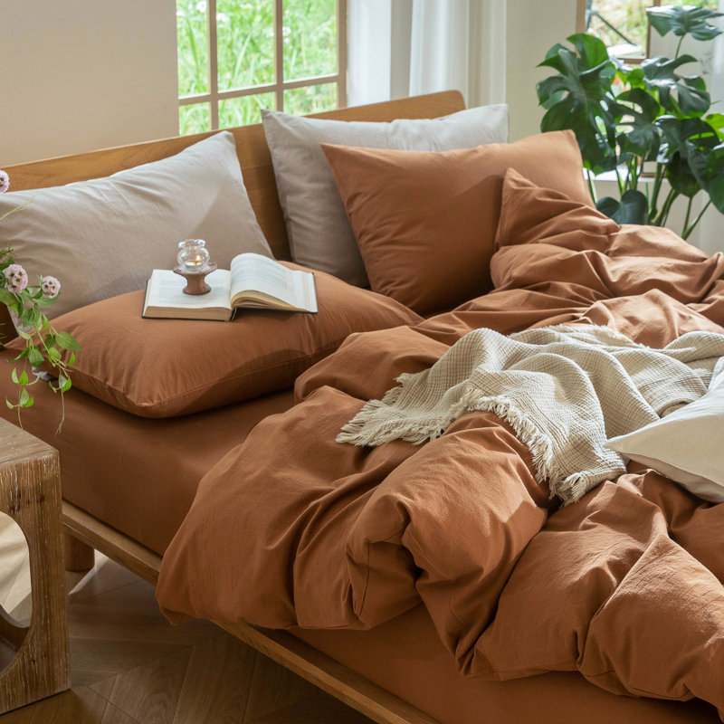 Ensemble de housse de couette 100% coton délavé MooMee, Housse de couette pour très grand lit et 2 taies , Orange foncé