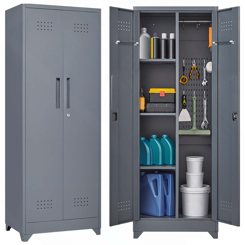 65-Inch Metal Broom Storage Cabinet With Locking Doors & Shelves, Hanging Rod & S-Hooks