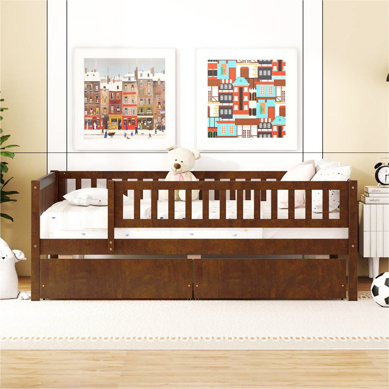 Kallel Daybed with Two Drawers and Guardrails, Walnut, Full/Double