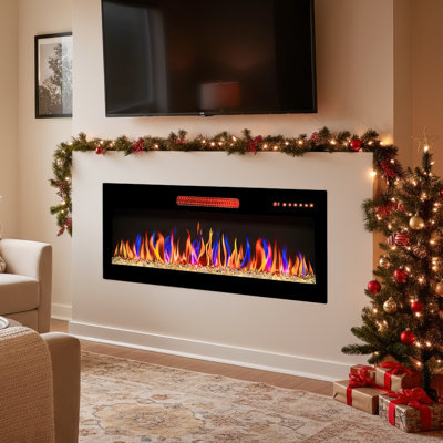Alen 36-inch Ultra-Thin Glass Front Wall Mounted Recessed Electric Fireplace with Multi-Color Flame & Ember Bed