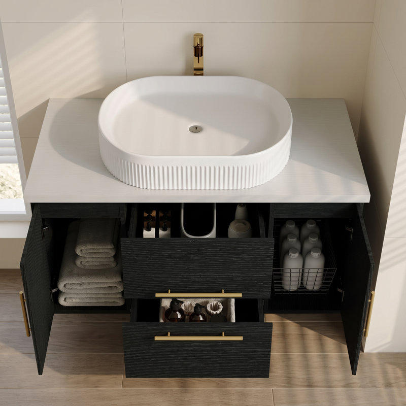 Meuble-lavabo mural noir de 100 cm (39,4 po) avec lavabo ovale en céramique, 2 tiroirs et 2 portes.