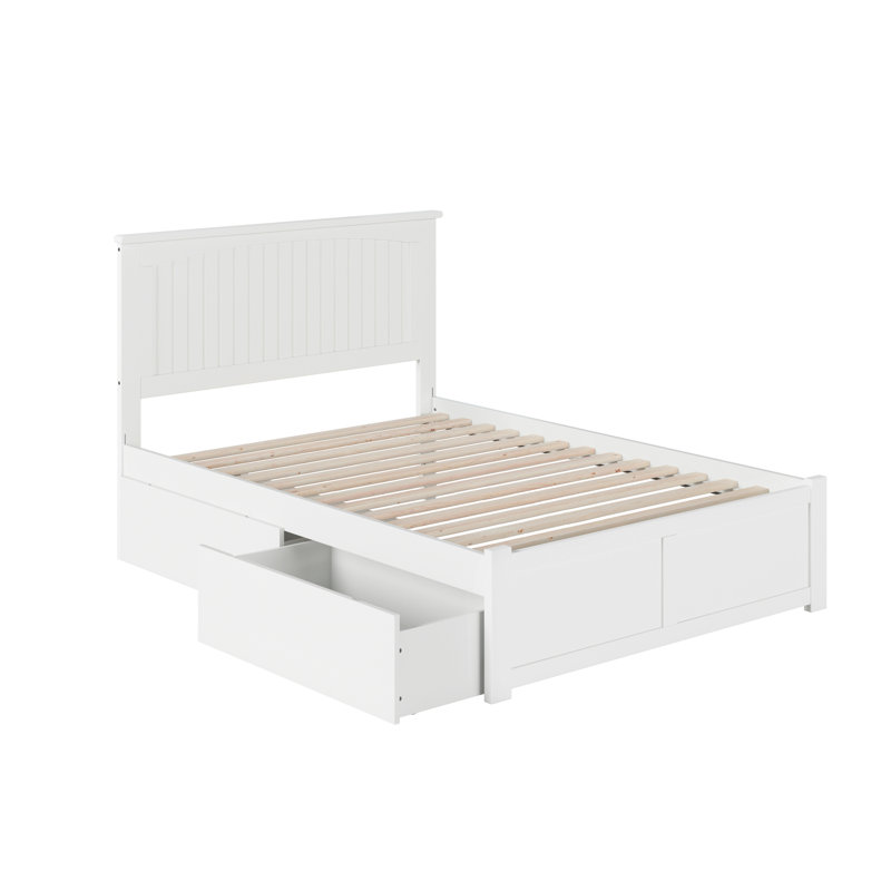 Lit plateforme en bois massif avec pied de lit et tiroirs de rangement Kindig, Blanc, Double
