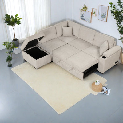Canapé-lit spacieux avec rangement, lin beige, élégance moderne pour les espaces de vie