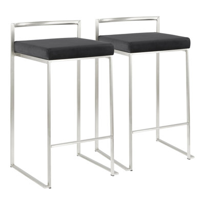 Tabouret de comptoir contemporain empilable en acier inoxydable avec coussin en velours noir - ensemble de 2