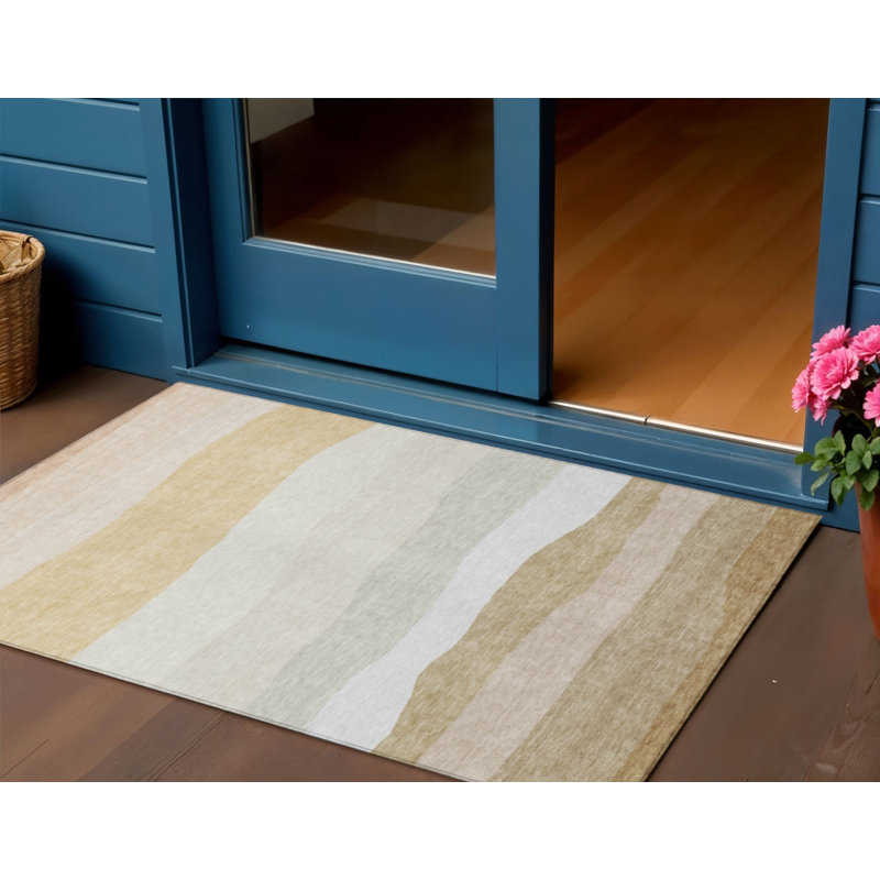 Tapis extérieur lavable rayé 3 pi x 5 pi doré et beige