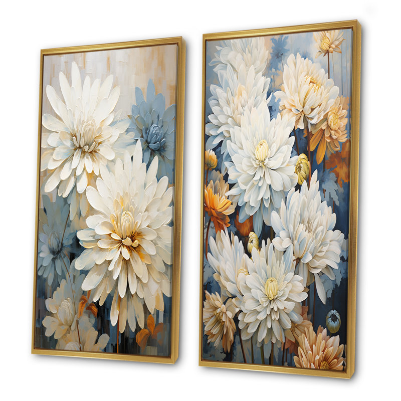 "Mums", peinture sur toile beige et blanche - "Mums", ensemble d'art mural sur toile, Encadrement doré, H 40 po x l 41 po