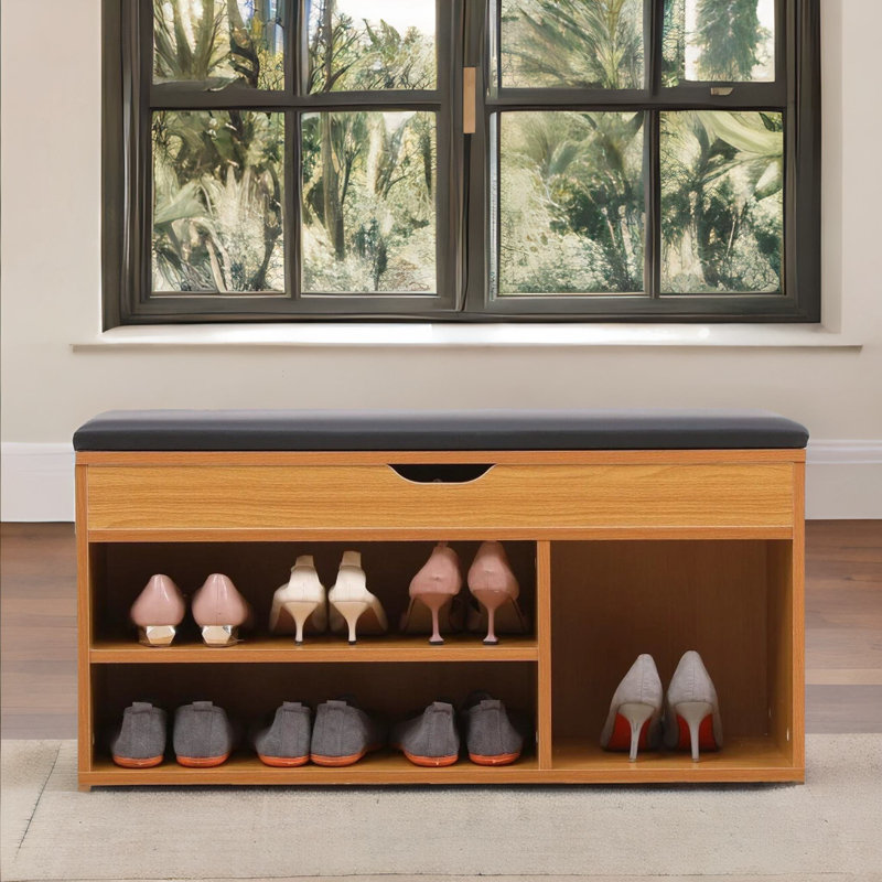 Pine Wooden Shoe Rack Bench with Cushion Shoe Organiser Storage Shelves Storage Compartment
