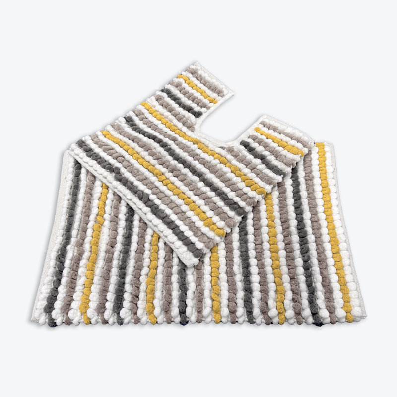 Two Piece Striped Bobble Bath Mat and Pedestal Mat Set, Grey/Yellow