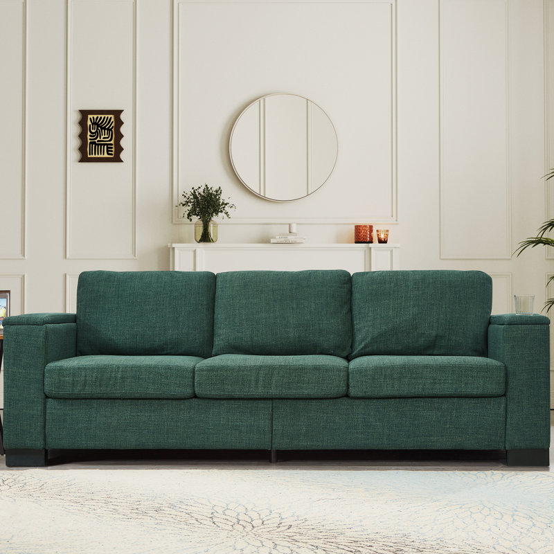 Moderne à 3 places avec accoudoirs carrés, porte-gobelet, rangement pour accoudoirs, bon coussin de soutien et structure en bois massif de 93,7 po, accoudoirs, coussin éponge à ressorts confortable, cadre facile à assembler