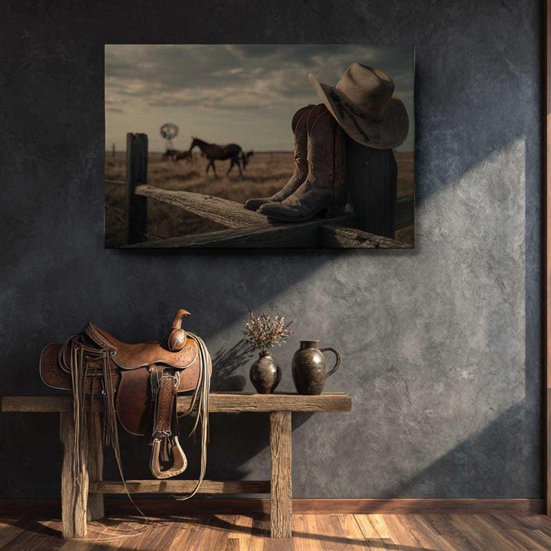 «Texas Sunset Cowboy», art sur toile - décor rustique occidental, H 12 po x l 18 po