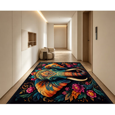 Tapis en velours antidérapant, motif floral éléphant bleu-orange Boho, lavable à la machine, tapis décoratif, décoration intérieure élégante pour le salon, la chambre à coucher, l'entrée, la porte d'entrée, la cuisine, le balcon, appartement