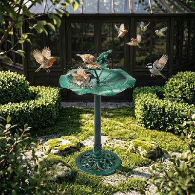  34 In. Dark Green Resin Outdoor Pedestal Bird Bath For Garden With Feed Bowl