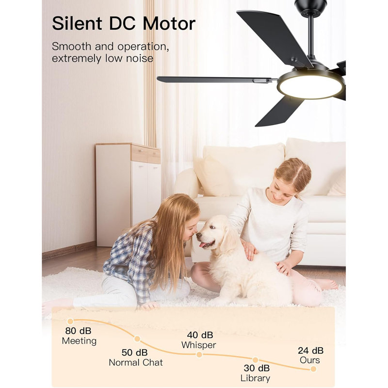 Ceiling Fans With Lights, 52 Inch Ceiling Fan With Light And Remote Control, 3CCT, Quiet DC Reversible, Dimmable, Modern Black Ceiling Fan For Bedroom Living Room Kitchen Indoor