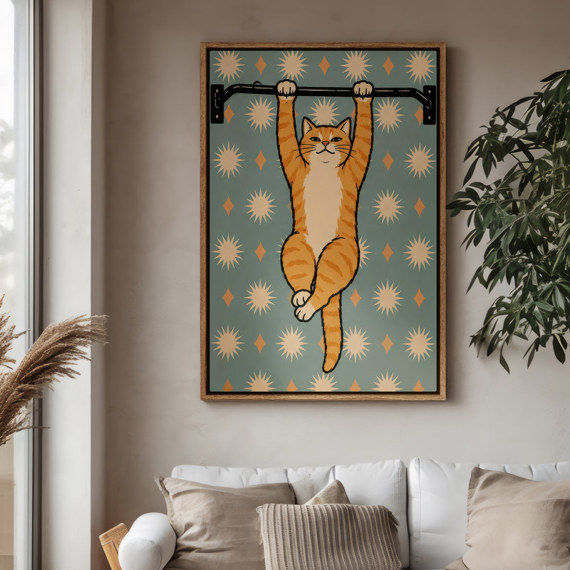 Art mural encadré sur toile - Chat orange amusant suspendu à un bar avec motif d'étoiles rétro - 16 po x 24 po, 24 po x 36 po