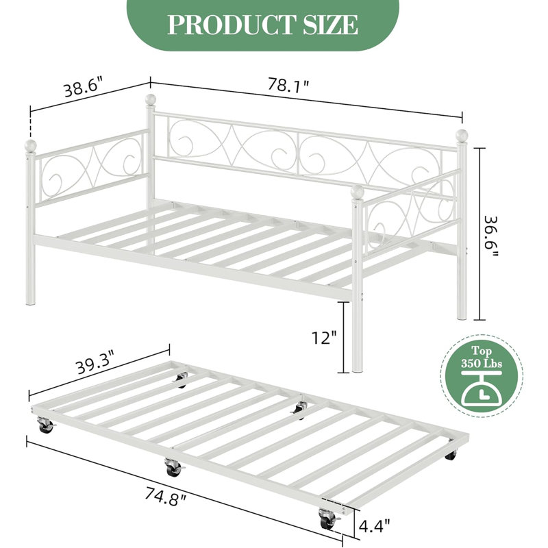 Bedroom Sofa Bed w/ Trundle, Twin Size Metal Daybed w/ Floral Headboard, Heavy Duty Metal Slats Support Multifunctional Bed