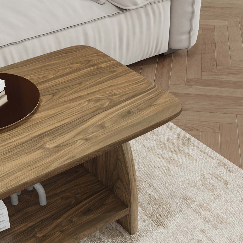 Table basse de salon moderne de 47 pouces, table basse rectangulaire à double couche avec fonction de rangement, conception d'angle arrondi, matériau en bois aggloméré, convient au salon