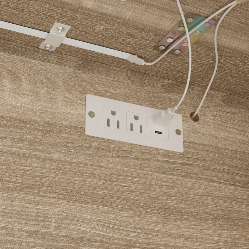 Îlot de cuisine moderne de 61 pouces de large avec station de recharge, comptoir aspect marbre, étagères de rangement ouvertes et sièges