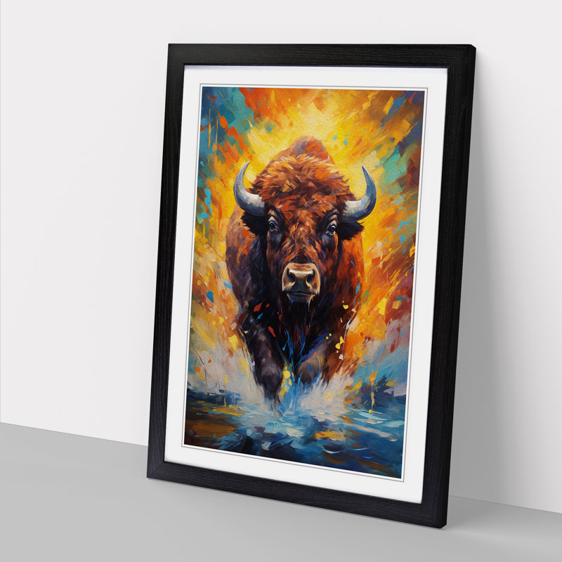 Buffalo Impressionism Art - Framed Print, 34cm H x 25cm W x 2cm D, Black Framed