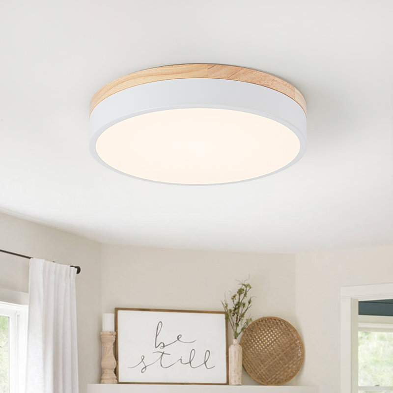 Scandinavian Dimmable Wooden Led Round Flush Mount, 2.4" H x 11.8" W x 11.8" D, White