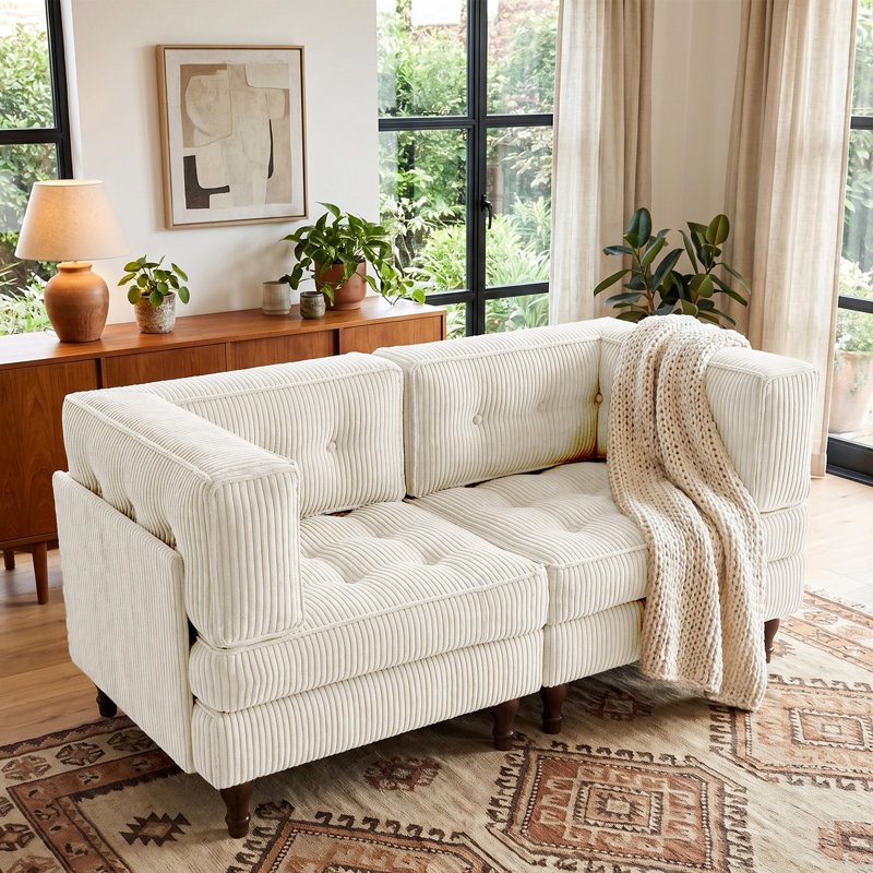 Upholstered Beige Tufted Corduroy Modular Sofa with Pillow Back, Beige