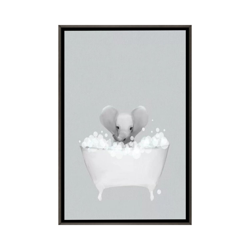Bain bleu éléphant par Leah Straatsma-reproduction d’art, Pas de tapis, Toile avec cadre gris, H 48 po x l 32 po x P 1,5 po