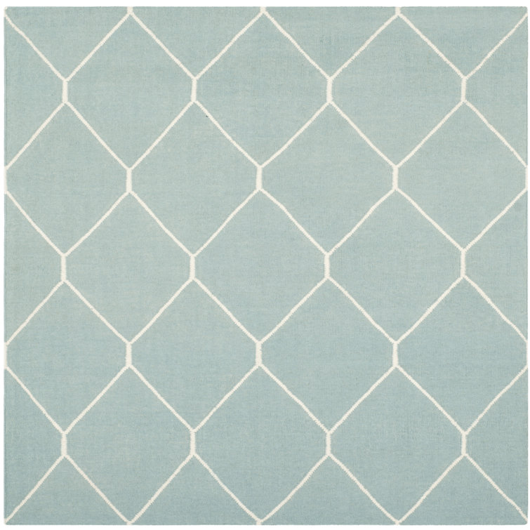 Rodgers Hand Woven Flat Weave Wool/Cotton Geometric Rug in Blue