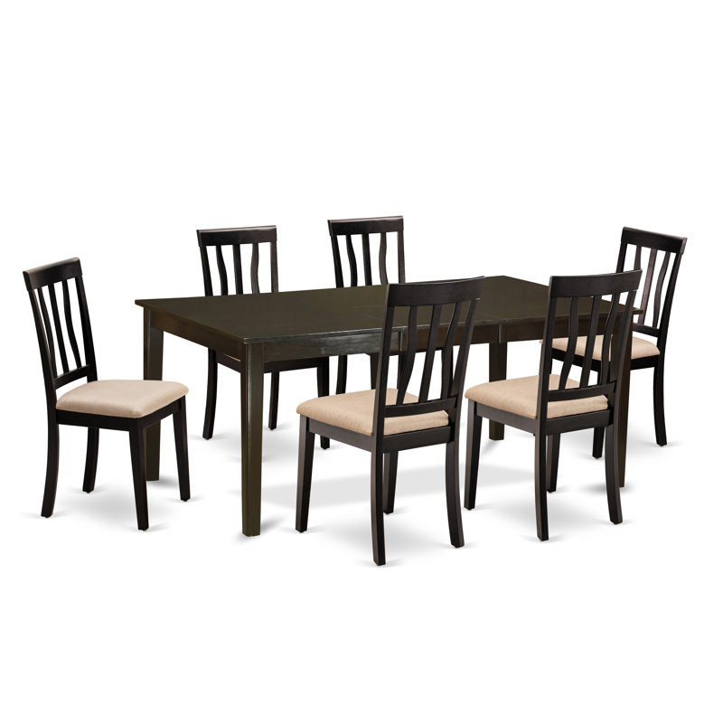 7 Piece Kitchen Table & Chairs Set Consist of a Rectangle Dining Table with Pedestal and 6 Linen Fabric Dining Room Chairs, 42x72 Inch, Cappuccino