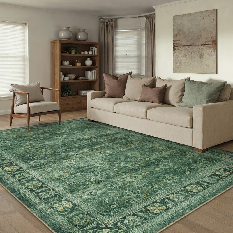 Ladonya Vintage Washable Green Area Rug wuth Non-Slip Backing, Rectangle 8' x 10'
