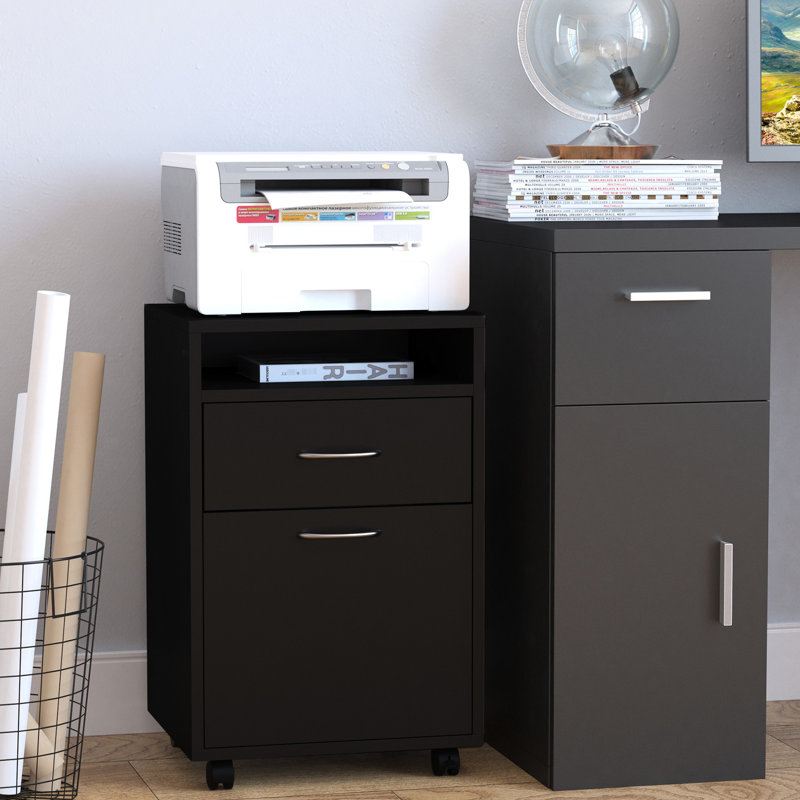 Unité de rangement mobile avec tiroir et armoire, noir. De nombreuses options, se déplace facilement sur roulettes, se glisse sous le bureau, support pour imprimante à coffre noir. Espace pour le bureau, sans effort, espace de bureau, construction
