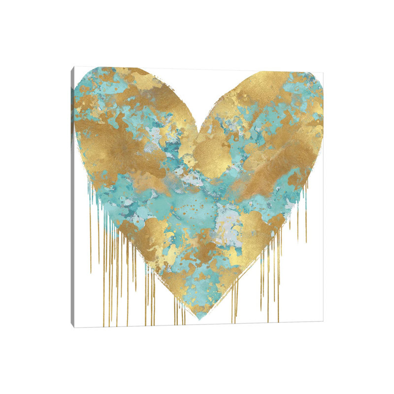 Big Hearted Aqua And Gold by Lindsay Rodgers - Print on Canvas, Wrapped Canvas, 30.48cm H x 30.48cm W x 1.91cm D