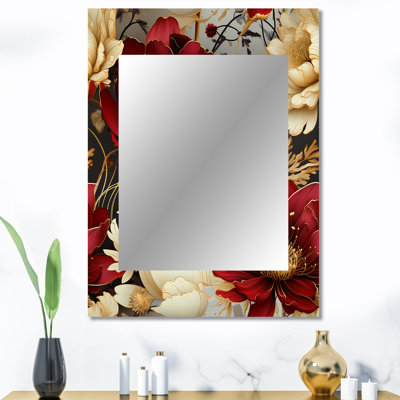 Riches fleurs opulentes de coquelicots beiges et rouges - miroir mural décoratif floral, grand miroir de chalet, impression d'art en métal