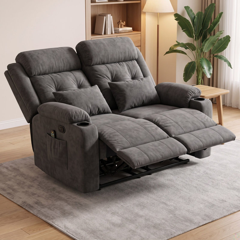 Causeuse inclinable en tissu gris avec deux repose-pieds manuels et porte-gobelets